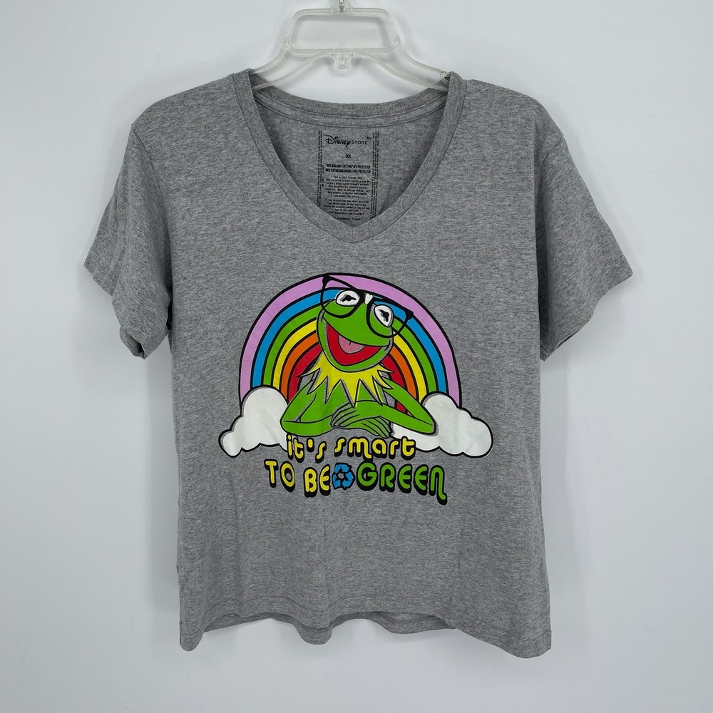 Disney Store Women's Gray Kermit Frog Rainbowโ Graphic V-Neck T-Shirt Size XL